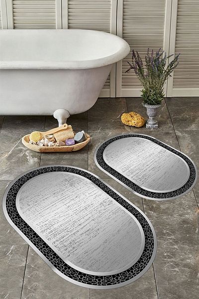 YTR HOME Αντιολισθητική βάση, πλενόμενη σκόνη, ανθεκτική σε λεκέδες, σετ 2 τεμαχίων, οβάλ χαλάκι μπάνιου