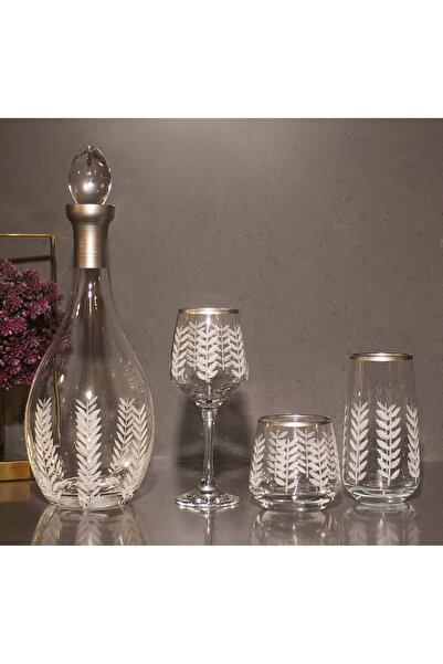 sudeka 37 Parça 12 Kişilik Başak Kristal Kesme Gümüş Cam Su Bardak Takımı,Meş...