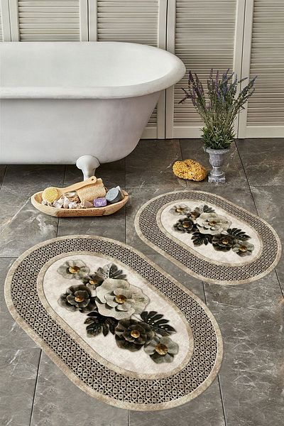 YTR HOME Αντιολισθητική βάση, πλενόμενη σκόνη, ανθεκτική σε λεκέδες, σετ 2 τεμαχίων, οβάλ χαλάκι μπάνιου
