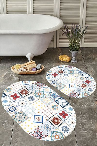 YTR HOME Αντιολισθητική βάση, πλενόμενη σκόνη, ανθεκτική σε λεκέδες, σετ 2 τεμαχίων, οβάλ χαλάκι μπάνιου