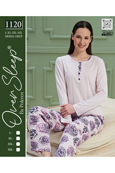 Over Sleep by Poleren Pembe Mor Renkli Uzun Kollu Büyük Beden Kadın Pijama Takımı