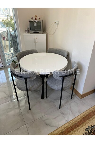 Enkare Elisa Masa Sandalye Takımı, Yuvarlak Masa, 4 Kişilik Bukle Teddy Kumaş...