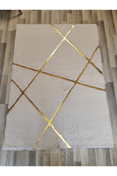 KuzeyCarpet koyu krem gold çizgili peluş halı