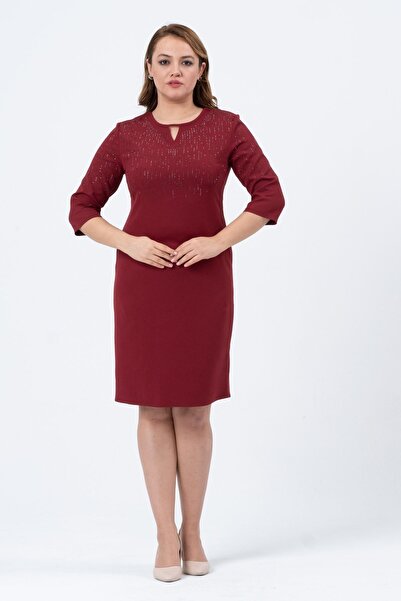 Oktay Sağlam Ithal Krep Damla Yaka Ithal Taşlı Bordo Renk Büyük Beden Abiye E...