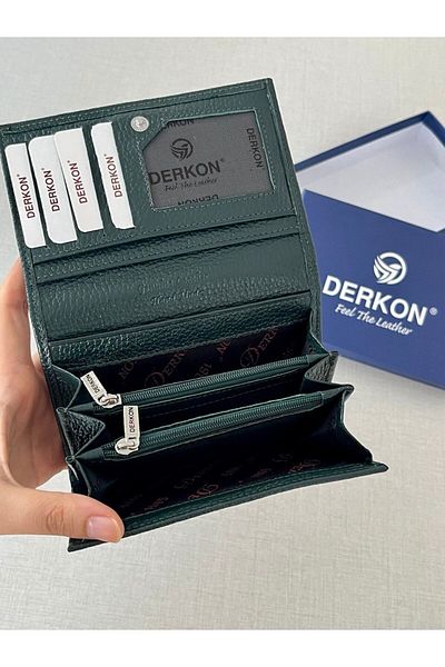DERKON Mendy Model Useful Genuine Leather Medium Size Women's Wallet Green Color