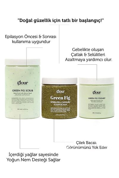 GLOUR Set of 3 Green Fig Scrub & Green Fig Caramel Sugar Scrub & Green Fig Yogurt Cellulite Ingrown Hair Remover