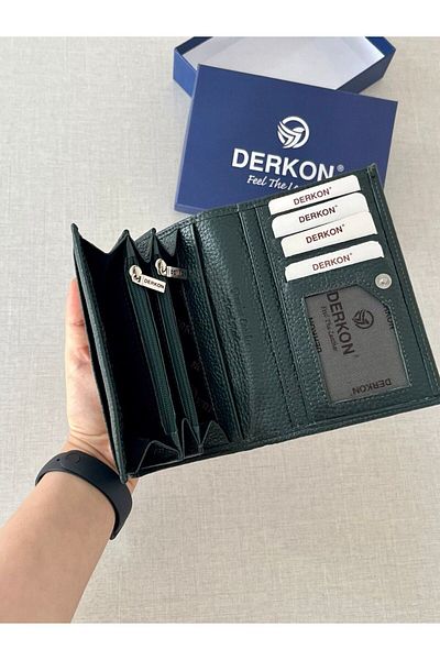 DERKON Mendy Model Useful Genuine Leather Medium Size Women's Wallet Green Color