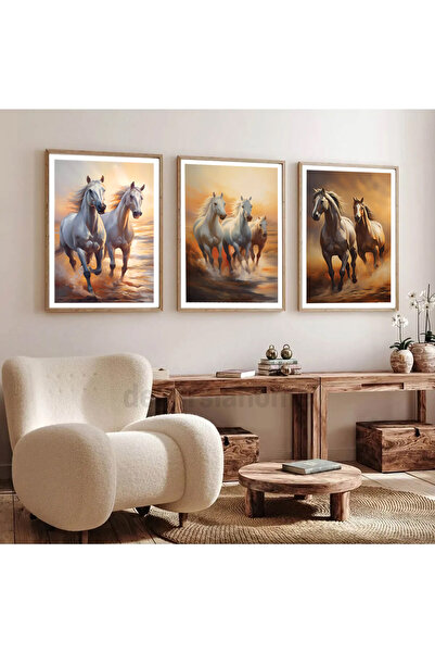 Dekorsiahome Ahşap Çerçeveli  Dekoratif 3lü Tablo Atlar