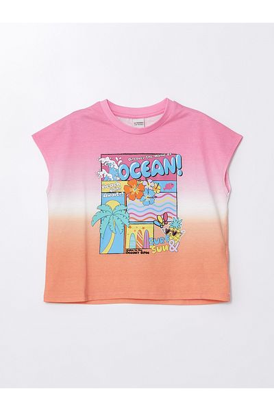 LC Waikiki Tricou Crop pentru fete cu gât crew - imprimat, cu mânecă scurtă