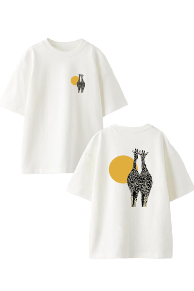 NMG TEKSTİL Λευκό Oversize Βαμβακερό T-shirt - Διπλή Καμηλοπάρδαλη, Ηλιακή στ...