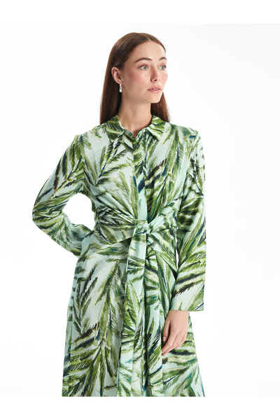 LC Waikiki Dámské košilové šaty s květinovým potiskem s dlouhým rukávem