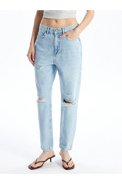 LC Waikiki Zerrissene, detaillierte Mom-Fit-Jeanshose für Damen
