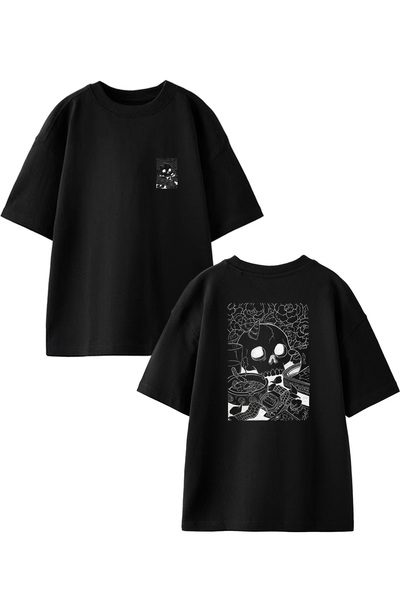 NMG TEKSTİL Μαύρο Oversize Βαμβακερό - Πλεκτό T-shirt με στάμπα κρανίου