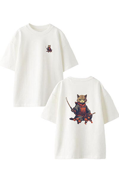 NMG TEKSTİL تي شيرت أبيض كبير الحجم من القطن مطبوع عليه رسم الساموراي والقطط