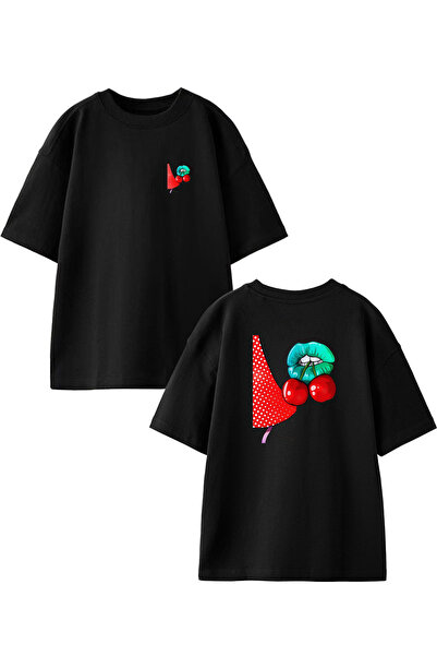 NMG TEKSTİL Green Lip Cherry - Μπλουζάκι Unisex Μαύρο Oversize Βαμβακερό μπλο...