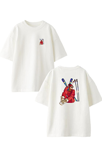 NMG TEKSTİL قطن أبيض كبير الحجم - تي شيرت نسائي مع بدلة تزلج