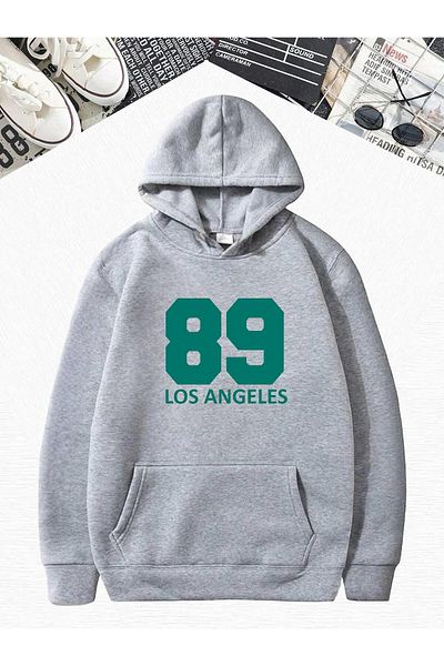 BENROMA Сив суитшърт с качулка и щампа Los Angeles, голям размер, 89