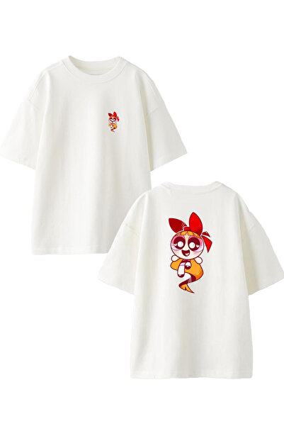 NMG TEKSTİL Unisex White Oversize Cotton Power Puff Girls Orange Front Back P...