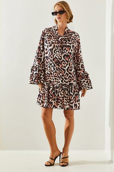 Bianco Lucci Leopard Print RuFFle Δεμένο Γυναικείο Φόρεμα - 21550 60251696