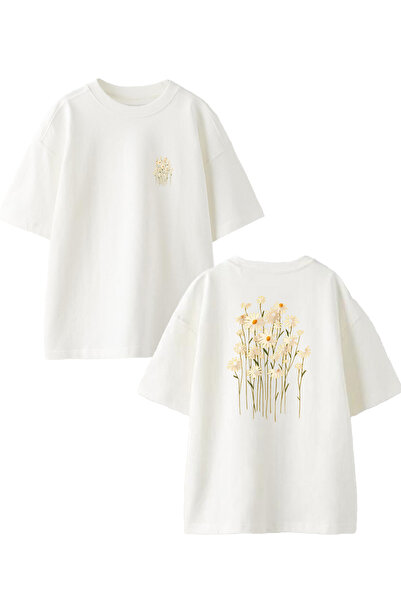 NMG TEKSTİL Λευκό μπλουζάκι Unisex με στάμπα από βαμβακερό μαργαρίτα