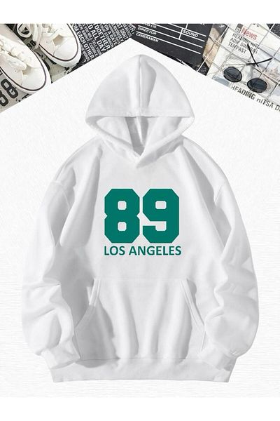 BENROMA Бял суитшърт с качулка и щампа Los Angeles, голям размер, 89