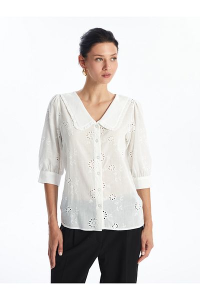 LC Waikiki Stickerei Damen Bluse - Baby Kragen und Selbst gemustert