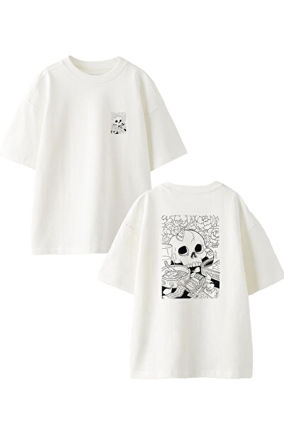 NMG TEKSTİL Λευκό μπλουζάκι από βαμβακερό μεγάλο μέγεθος - Μοτίβο κρανίου, εμ...