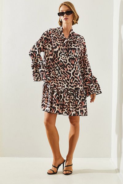 Bianco Lucci Leopard Print RuFFle Δεμένο Γυναικείο Φόρεμα - 21550 60251696