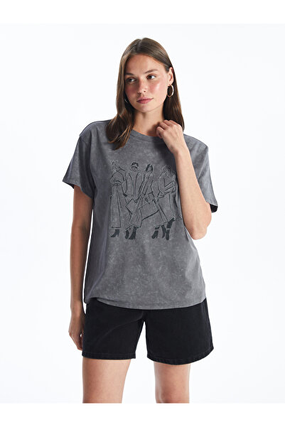 LC Waikiki Oversize dámské triko s potiskem Stone - výstřih, krátký rukáv