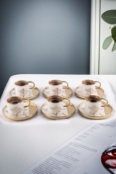 Vadi Purple 6-Person Tree of Life Pattern - Gold Gilded Porcelain Coffee Cup Set White