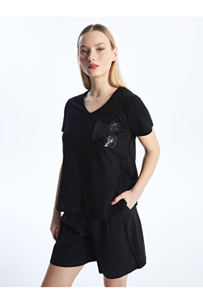 LC Waikiki Női V-nyakú póló - flitteres, rövid ujjú