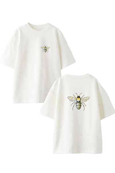 NMG TEKSTİL تي شيرت قطني أبيض كبير الحجم - مطبوع عليه نحلة العسل، للجنسين