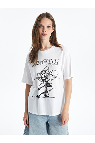 LC Waikiki Tom&Jerry bedrucktes, kurzärmliges, übergroßes Damen-T-Shirt mit Rundhalsausschnitt