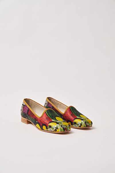 Nomads Felt Henri Matisse Purple and Dress Patterned 100% Silk Genuine Leather Ballerinas