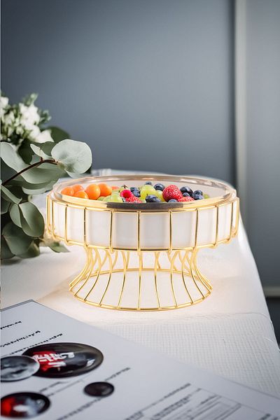 Vadi Autumn Gold Detailed - Life Tree Patterned Porcelain Round Fruit Bowl with Metal Stand Presentation Serving Bowl