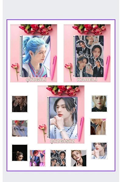 animeandyourworld Hyunjin stray kids 3 adet defter A4 boyutu çizgili + kareli...