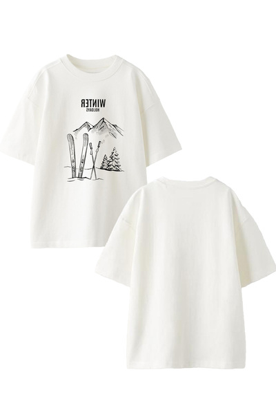 NMG TEKSTİL Tricou alb oversize din bumbac unisex - Imprimat iarnă, schi, munte