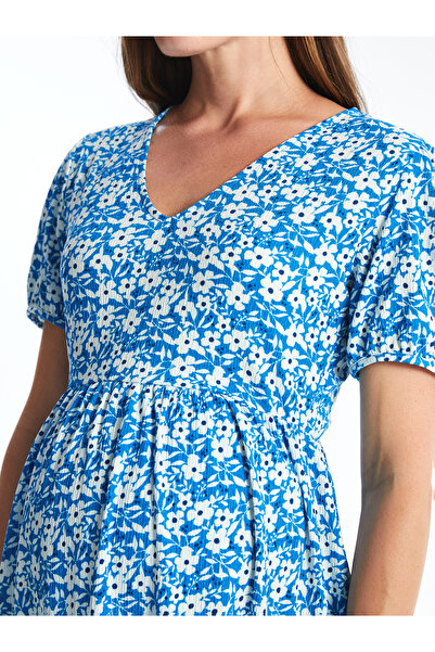 LC Waikiki Květinové vzorované těhotenské šaty s krátkým rukávem s výstřihem do V