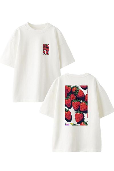 NMG TEKSTİL Λευκό Oversize Βαμβακερό T-shirt - Μπροστά και Πίσω με στάμπα φράουλα
