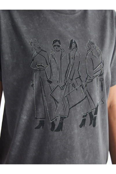 LC Waikiki Oversize dámské triko s potiskem Stone - výstřih, krátký rukáv