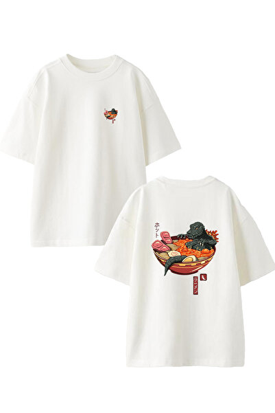 NMG TEKSTİL Unisex Beyaz Oversize Pamuk Timsah Japon Yemek Ön Arka Baskılı Ör...