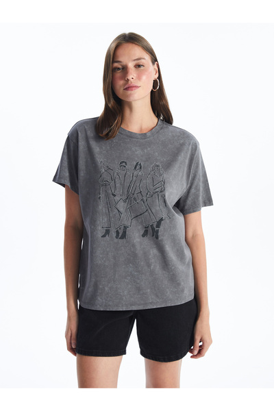 LC Waikiki Oversize dámské triko s potiskem Stone - výstřih, krátký rukáv