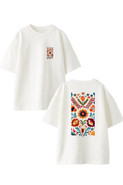 NMG TEKSTİL تي شيرت قطني أبيض كبير الحجم - نمط سجادة زهور، مطبوع من الأمام وا...