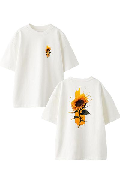 NMG TEKSTİL Tricou unisex alb oversize din bumbac - cu imprimeu floarea soarelui