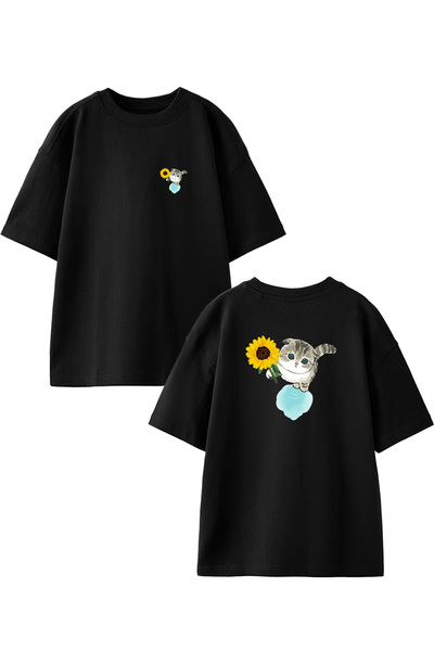 NMG TEKSTİL تي شيرت أسود بنمط عباد الشمس للجنسين - محبوك، قطة صغيرة