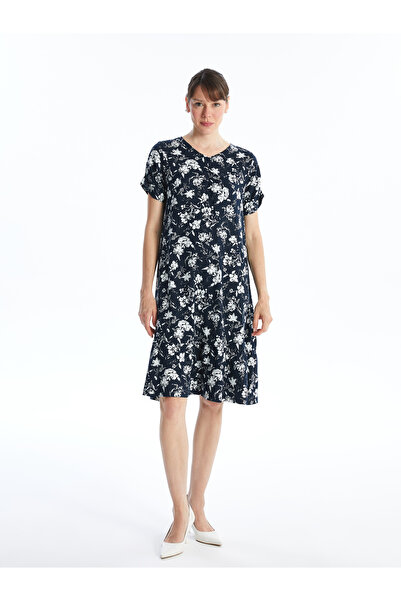 LC Waikiki Květinové vzorované dámské šaty s výstřihem - krátký rukáv