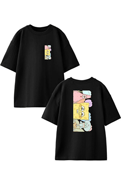 NMG TEKSTİL تي شيرت أسود كبير الحجم من القطن سبونج بوب - مطبوع من الأمام والخلف