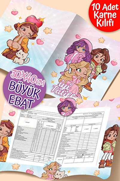 colortouch Kız Temalı A4 Karne Kabı Kılıfı, 10 Adet Büyük Ebat 30x40 cm İlkok...