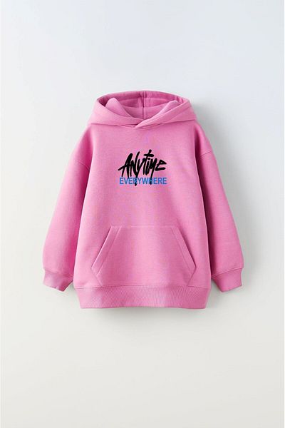 The Champ Clothing Розов унисекс детски суитшърт - с качулка, полар с надпис "Any Time Every Where"