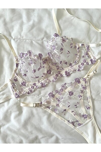 Feruzdesign Σετ Ecru Lilac Underwire Bralet και μακρύ κοστούμι